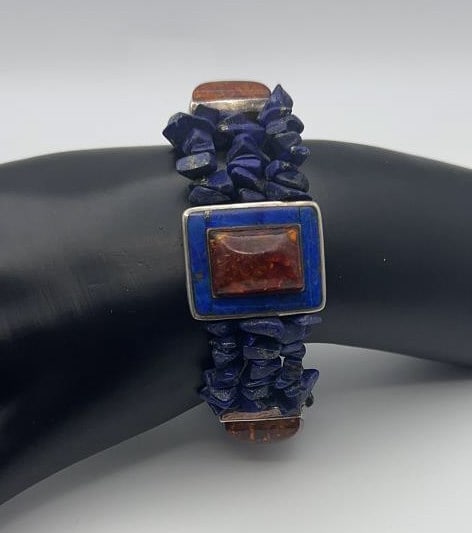 Jay King Sterling Lapis Lazuli and Amber Bracelet Bracelet Measures 8" Bracelet Weighs 50 Grams (1 of 10)