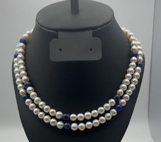 Sterling Clasp Lapis Lazuli and Pearl Necklace Necklace Measures 35" Necklace Weighs 82 Grams