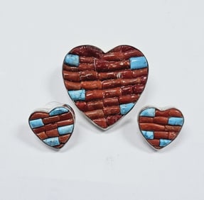 Sterling Silver Red Coral and Turquoise Set Pendant Weighs 16.8 Grams