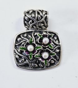 Sterling Silver Pearl and Enamel Floral Pendant Pendant Weighs 9.9 Grams