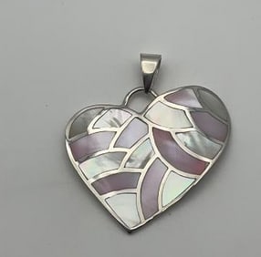 Sterling Mother of Pearl Inlay Heart  Pendant Pendant Weighs 15.7 Grams