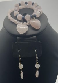 Rose Quartz and Blue Coral Set Both Bracelets Measure 6"  Stretch Bands Silver Tone Metal
