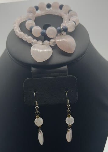 Rose Quartz and Blue Coral Set Both Bracelets Measure 6"  Stretch Bands Silver Tone Metal (1 of 9)