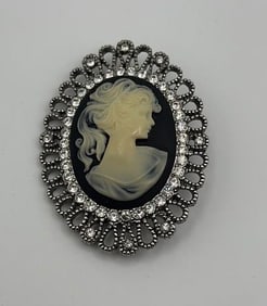 Large Silver Tone Cameo Rhinestone Brooch Missing Rhinestone at Bottom of the