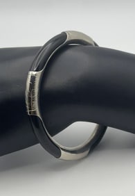 Etched Sterling Silver Obsidian Bangle Bracelet Measures 6" Bracelet Weighs 51.6 Grams