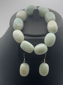 GSJ Sterling Silver Clasp Jade Set Bracelet Measures 7"  Earrings Weigh 13.5 Grams Collectively