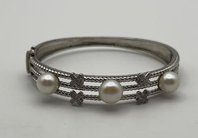 Honora Sterling Silver Pearl Bangle Bracelet Measures 5" Bracelet Weighs 26.1 Grams