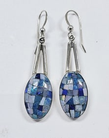 Sterling Silver Mosaic Opal Drop Earrings Earrings Weigh 7.9 Grams Collectively