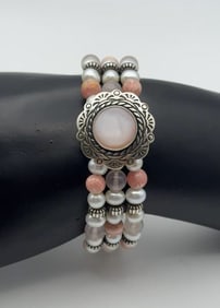 Sterling Silver Pearl and Agate Bracelet Bracelet Measures 8.25" Bracelet Weighs 27 Grams