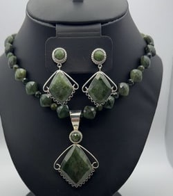 Sterling Silver Prehnite Filigree Set Necklace Measures