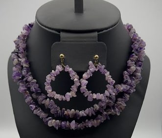 Amethyst Chip Gold Tone Necklace & Earrings Necklace Measures