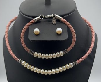.925  Pearl  Braided Pink Leather Necklace Set Necklace Measures
