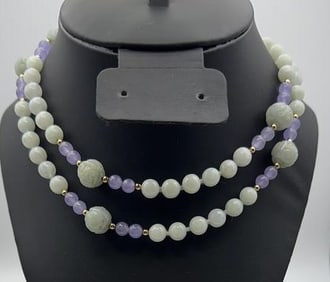 Green and Purple Carved Jade Necklace Necklace Measures 30.5" Necklace Weighs 73.2 Grams