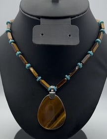 GSJ Sterling Tigers Eye and Turquoise Necklace Necklace Measures 18" Necklace Weighs 33.8 Grams