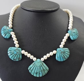 Sterling Carved Turquoise Shell & Pearl Necklace Necklace weighs 49.7 Grams Measures 20"