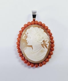 .925 Carved Shell & Red Coral Cameo Pendant Signed Pendant weighs 9.0 Grams