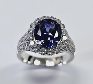 Platinum over Silver Tanzanite & CZ Cocktail Ring Ring weighs 8.5 Grams Size 11