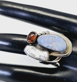 Jay King Sterling Opal Biwa Pearl & Amber Ring Ring weighs 11.0 Grams Size 9
