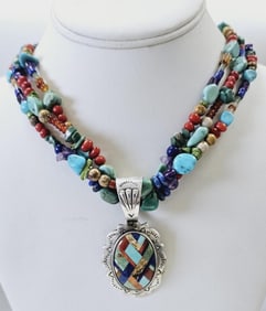 Sterling Silver Shube Multi Gemstone Necklace Necklace weighs 104.3 Grams Measures 22"
