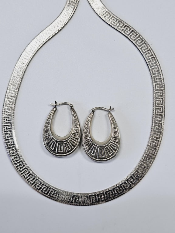 Sterling Silver Greek Key Necklace & Earrings Necklace and earrings weigh 34.8 Grams (1 of 8)