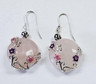 Chateau d'Argent Sterling Pink Quartz Earrings Earrings weigh 15.1 Grams Flowers are enamel