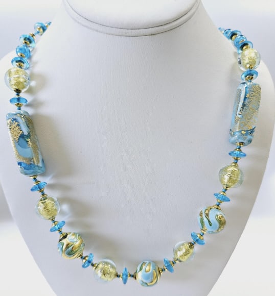 Murano Italian Blue & Gold Art Glass Necklace Necklace measures 26": Necklace measures 26"