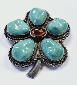 Vintage BJ Signed Turquoise & Amber Brooch Brooch weighs 41.8 Grams