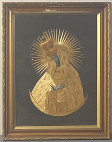 Polish Marquetry Virgin Mary Icon Framed image of the Virgin Mary made of layered straw with paper.