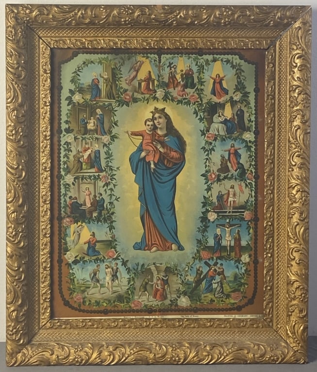 Our Lady of the Rosary Lithograph in Frame Religious lithograph in ornate frame, printed in Germany.: Religious lithograph in ornate frame, printed in Germany. Some wear and separation in frame. Artwork with frame is 21 1/4 X 25 1/2 inches in size.