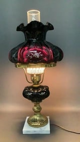 Signed 1989 Fenton Black Amethyst Parlor Lamp Hand painted & artist signed by Valory E.