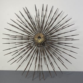 Mid Century Brutalist Sunburst Sculpture Metal sunburst shaped sculpture, soldered together with