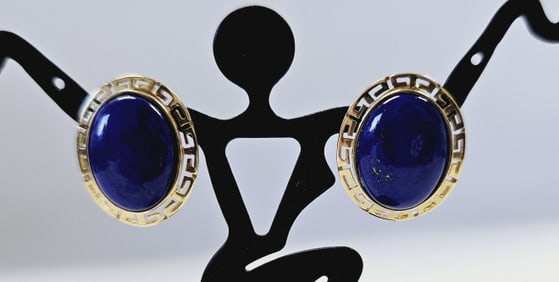 14K Greek Key Design Oval Lapis Earrings Earrings weigh 6.6 Grams