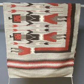 Wool Navajo Yei Native American Rug Grey rug with red, grey, brown, and white figures woven in. No
