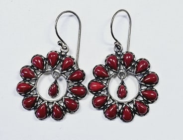 Sterling Silver Red Coral Wreath Earrings Earrings weigh 8.9 Grams