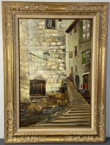 European Town Scene Oil Painting in Frame Scene of two stone buildings with a stairway between them.