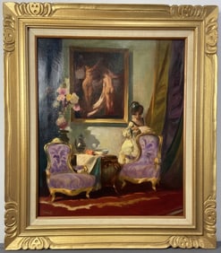 Oil Painting on Canvas in Frame Signed Pesti Oil painting if a young woman in 19th century dress