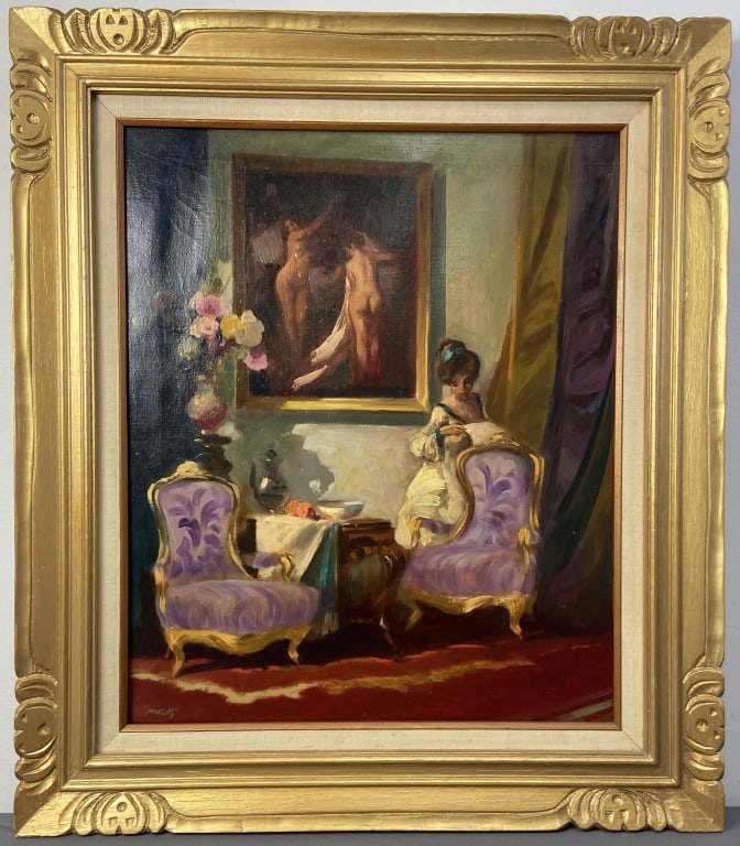 Oil Painting on Canvas in Frame Signed Pesti Oil painting if a young woman in 19th century dress (1 of 5)