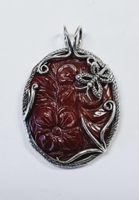 Sterling Silver Carved Carnelian Oval Pendant Pendant weighs 29.8 Grams