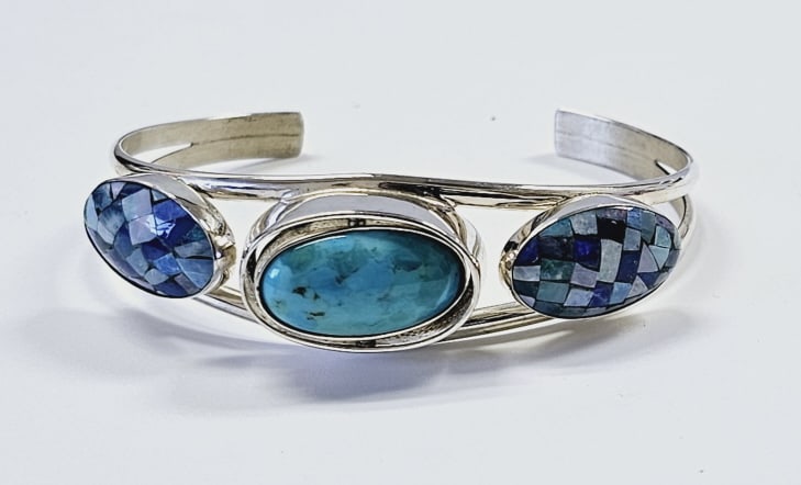 Jay King Silver Turquoise & Opal Reversible Cuff Bracelet weighs 25.9 Grams: Bracelet weighs 25.9 Grams