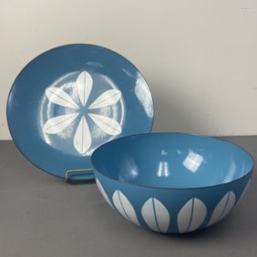 Catherineholm Blue Lotus Bowl and Plate Blue and white enameled mid century bowl and charger plate.