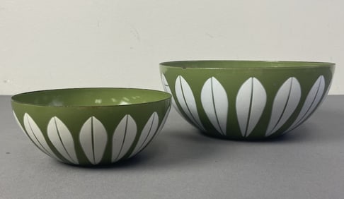 Catherineholm Green Lotus Bowls Set of Two Two green and white enameled mid century bowls, one pasta