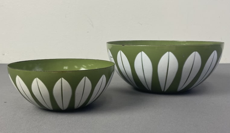 Catherineholm Green Lotus Bowls Set of Two Two green and white enameled mid century bowls, one pasta (1 of 8)
