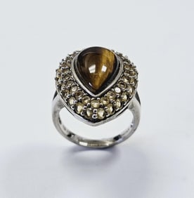 Sterling Silver Tiger's Eye & Quartz Ring Ring weighs 7.9 Grams Size 9