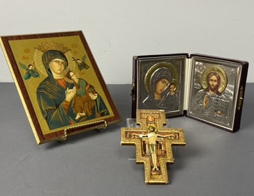 European Icons Mary & Jesus Set of Three Mary and Jesus on board with gold flash. Marked Copyright
