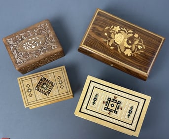 European Wooden Jewelry Boxes Set of Four Marquetry jewelry box, musical, crank will turn but does