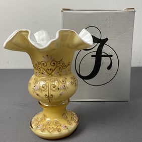 Signed Hand Painted Fenton Glass Vase w/Box Glass vase, white on the inside, yellow on the inside,