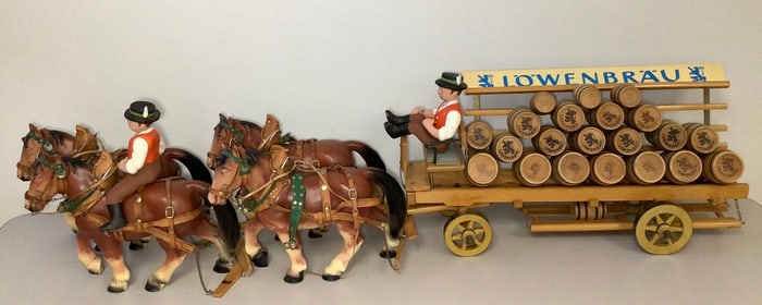 Vintage Lowenbrau Horse Drawn Beer Wagon Overall length is