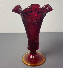 Fenton Ruby Red Tulip Vase #7689 Red glass vase with ruffled top and embossed with daffodils and