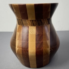 Benzel Turned Wood Vase Signed 2005 Wood vase including maple, zebra wood, mahogany, and others.