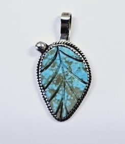 Sterling Silver Carved Turquoise Leaf Pendant Pendant weighs 8.0 Grams